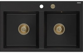 Mexen Hektor, 2-komorový granitový drez 800x480x205 mm, čierna, zlatý sifón,- 6521802000-77-G