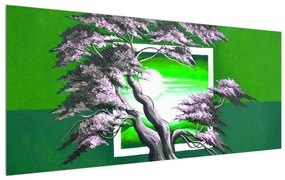 Zelený obraz stromu a východu slnka (120x50 cm)