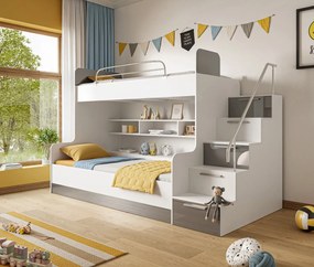 DETSKÁ POSCHODOVÁ POSTEĽ KLARA + SCHODY + POLICE SKRINKY BIELO / SIVA