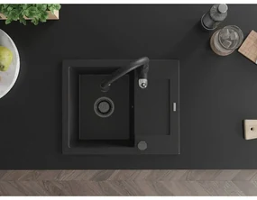 Mexen Enzo, 1-komorový granitový drez 576x465x174 mm a drezová batéria Savita, čierna, 6506-77-672601-70-B
