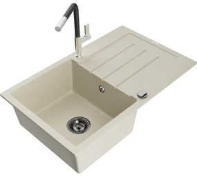 Mexen Bruno, 1-komorový granitový drez 795x495x200 mm a drezová batéria Flora, béžová, 6513-69-670401-07-B