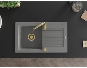 Mexen Pablo, granitový drez 752x436x161 mm, 1-komorový a zlatá batéria Telma, šedá, 6510-71-670200-50
