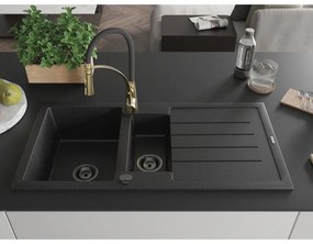 Mexen Andres, 1,5-komorový granitový drez 1000x500x200 mm a drezová batéria Aster, čierna-strieborná metalíza, 6515-73-73450-57-B
