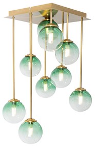 Art Deco stropné svietidlo zlaté so zeleným sklom 9-žiarovkové - Atény
