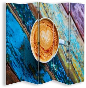 Ozdobný paraván Šálky na kávu Retro Wood - 180x170 cm, päťdielny, klasický paraván