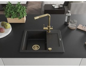 Mexen Enzo, granitový drez 576x465x174 mm, 1-komorový, zlatá batéria Duero, čierna - strieborná metalíza, 6506-73-671600-50