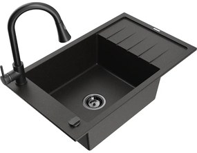 Mexen Elias, 1-komorový granitový drez 795x480x200 mm a drezová batéria Elia, čierna-zlatá metalíza, 6511-75-670101-70-B