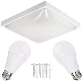 ECO LIGHT LED stropné svietidlo 2xE27 štvorcové biele + 2x E27 10W neutrálna biela žiarovka