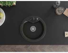 Mexen Diego, granitový drez 488x488x167 mm, 1-komorový a drezová batéria Carla, čierna-zlatá metalíza, 6512-75-670700-70