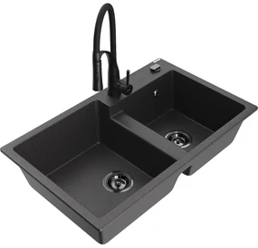 Mexen Tomas, 2-komorový granitový drez 800x500x190 mm a drezová batéria Aster, čierna škvrnitá, 6516-76-73450-70-B
