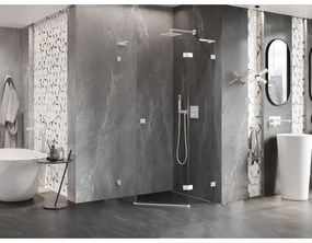 Mexen Lunar, L pravý výklopný päťuholníkový sprchový kút 90 x 90 cm, 8mm číre sklo, biely profil, 831L-090P-090L-20-00-P