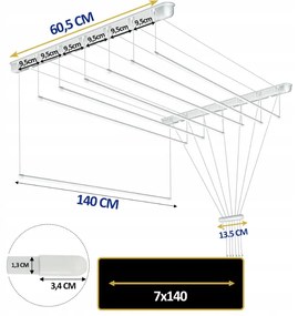 Erga Erga, stropný vešiak na sušenie bielizne 7x140 cm, biela, ERG-SEP-10SUSSUF1407P