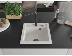 Mexen Vito, 1-komorový granitový drez 490x520x210 mm a drezová batéria Flora, biela, 6503-20-670401-70-B