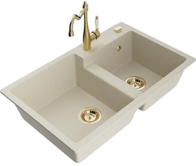 Mexen Tomas, granitový drez 800x500x190 mm, 2-komorový a drezová batéria Carla, béžová, 6516-69-670700-50