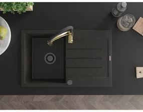 Mexen Bruno, 1-komorový granitový drez 795x495x200 mm a drezová batéria Aster, čierna-zlatá metalíza, 6513-75-73450-57-B