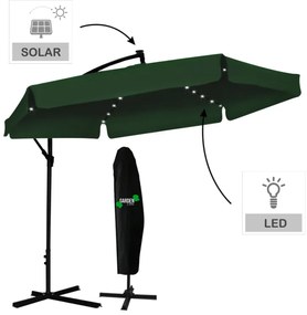 Zelený záhradný slnečník so stojanom a LED osvetlením
