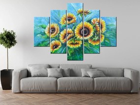 Gario Ručne maľovaný obraz Slnečnice v daždi - 5 dielny Rozmery: 150 x 70 cm