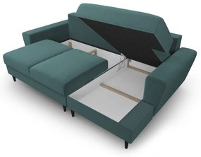 Zamatová rozkladacia/s úložným priestorom rohová pohovka v petrolejovej farbe (pravý roh/s leňoškou) Kyoto – Cosmopolitan Design