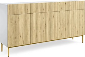 Biela štvordverová komoda Nicole 200 cm so zásuvkami - biely / dub artisan / zlaté nožičky