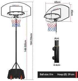Basketbalový kôš s kolieskami, nastaviteľný 148-236 cm