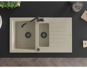 Mexen Matias, granitový drez 900x505x200 mm, 1,5-komorový a drezová batéria Carla, béžová, 6502-69-670700-70