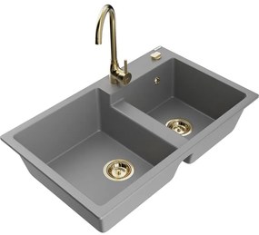 Mexen Tomas, granitový drez 800x500x190 mm, 2-komorový a zlatá batéria Telma, šedá, 6516-71-670200-50