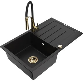 Mexen Bruno, 1-komorový granitový drez 795x495x200 mm a drezová batéria Aster, čierna, 6513-77-73450-57-G