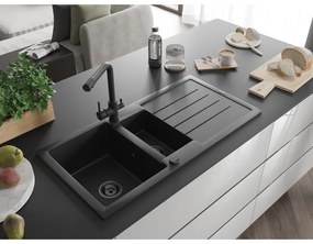 Mexen Andres, granitový drez 1000x500x200 mm, 1,5-komorový + čierna batéria Duero, čierna-strieborná metalíza, 6515-73-671600-70-B