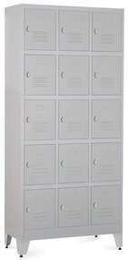 Kovová šatníková skrinka - 15 boxov, 90 x 40 x 196,5 cm, nastaviteľné nôžky, otočný zámok, svetlo sivá - ral 7035