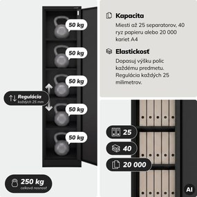 Kovová kancelárska skriňa na dokumenty, široká, čierna, 450x1850x400 mm: ALEX