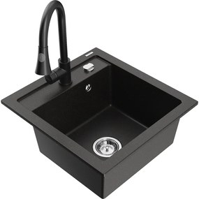 Mexen Vito, 1-komorový granitový drez 490x520x210 mm a drezová batéria Elia, čierna-zlatá metalíza, 6503-75-670101-70