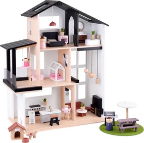 JOKOMISIADA Moderný drevený domček pre bábiky v štýle LOFT + bábiky a nábytok ZA5073