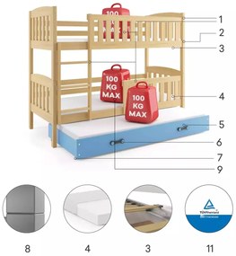 Poschodová posteľ s prístelkou KUBO 3 200x90 borovica - modrá