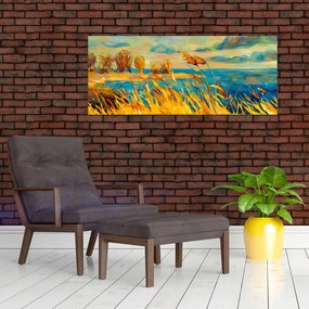 Obraz - Západajúce slnko nad jazerom, akrylová maľba (120x50 cm)