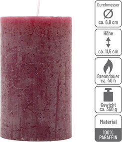 Burgundská parafínová sviečka, rustikálna, 11,5 cm, 12 ks