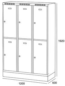 Alfa 3 Šatníková skrinka na sokli s úložnými boxami, 6 boxov, 1920 x 1200 x 500 mm, otočný zámok, sivé dvere