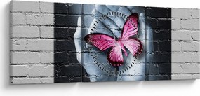Obraz - Ružový motýľ v stene (s hodinami) (90x30 cm)