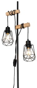 Rustikálna stojaca lampa čierna s drevom 2-svetlo s tienidlom - Dami Frame