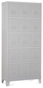 Kovová šatníková skrinka - 15 boxov, 90 x 40 x 195 cm, pevné nohy, cylindrický zámok, svetlo sivá - ral 7035