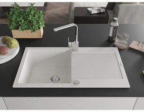 Mexen Leo, drez granitový 900x500x190 mm, 1-komorový, biely s chrómovým sifónom a chrómová drezová batéria Rita, 6501-20-670300-00