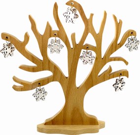 AMADEA Drevený 3D strom s vločkami, masívne drevo, výška 20 cm