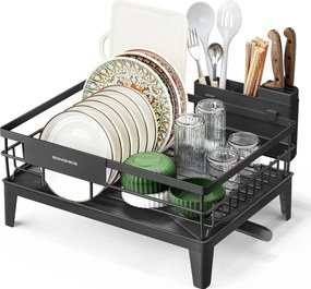 Sušička riadu, otočná o 360° a s výsuvným odtokom, čierna