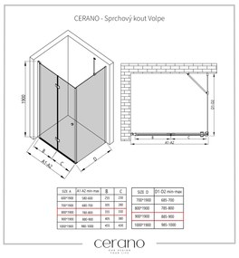 Cerano Volpe, sprchovací kút so skladacími dverami 80(dvere) x 90(stena), 6mm číre sklo, čierny profil, CER-CER-427321