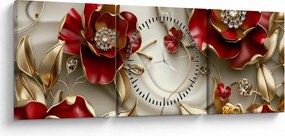 Obraz - 3D Červeno-zlaté kvety (s hodinami) (90x30 cm)