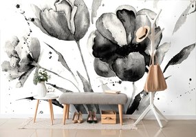 Tapeta čiernobiele tulipány v zaujímavom prevedení - 225x150