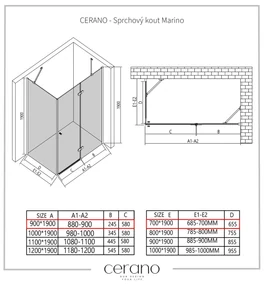 Cerano Marino, sprchovací kút 90(dvere) x 70(stena) x 190 cm, 6mm číre sklo, chrómový profil, CER-CER-422760