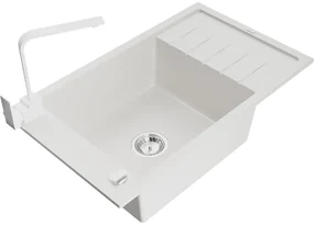 Mexen Elias, granitový drez granitový 795x480x200 mm, 1-komorový, biela s chrómovým sifónom a biela drezová batéria Rita, 6511-20-670300-20