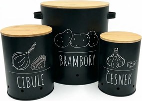 Orion Sada 3 dóz na cibuľu, cesnak a zemiaky, plechové s bambusovým vrchnákom BLACK CZ