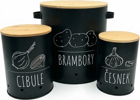 Orion Sada 3 dóz na cibuľu, cesnak a zemiaky, plechové s bambusovým vrchnákom BLACK CZ