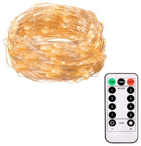 SPRINGOS LED reťaz Nano - 10m, 100LED, 8 funkcií, ovládač, 3xAA, IP44, teplá biela